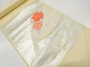 アンティーク　しらえ織物製　引箔扇に薔薇模様織出し名古屋帯地反物